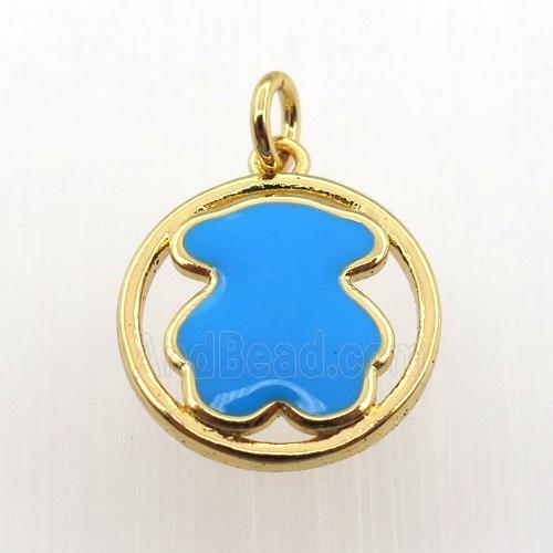 copper circle pendant with blue enameling bear, gold plated