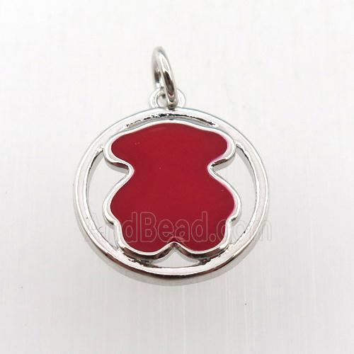 copper circle pendant red blue enameling bear, platinum plated
