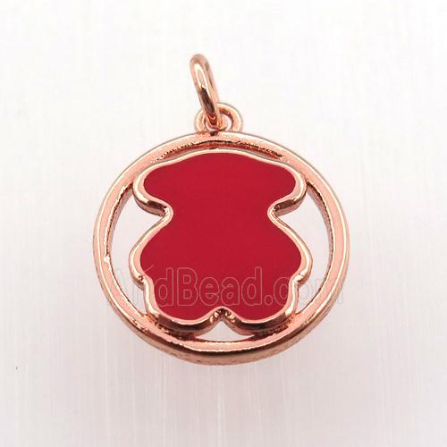 copper circle pendant red blue enameling bear, rose gold