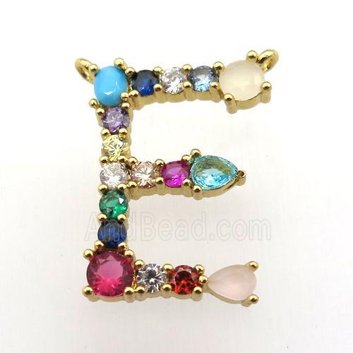 copper E-letter pendant paved zircon with 2loops, gold plated