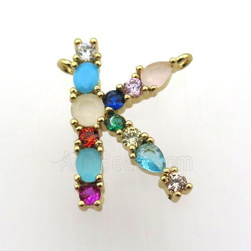 copper K-letter pendant paved zircon with 2loops, gold plated