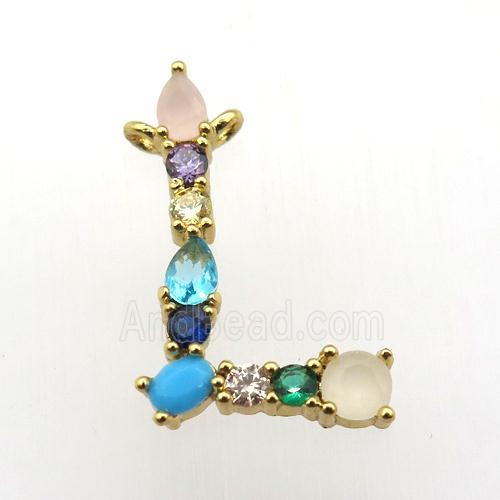 copper L-letter pendant paved zircon, gold plated