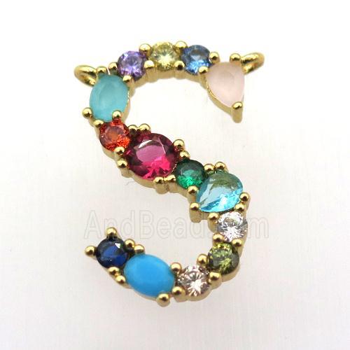 copper S-letter pendant paved zircon with 2loops, gold plated