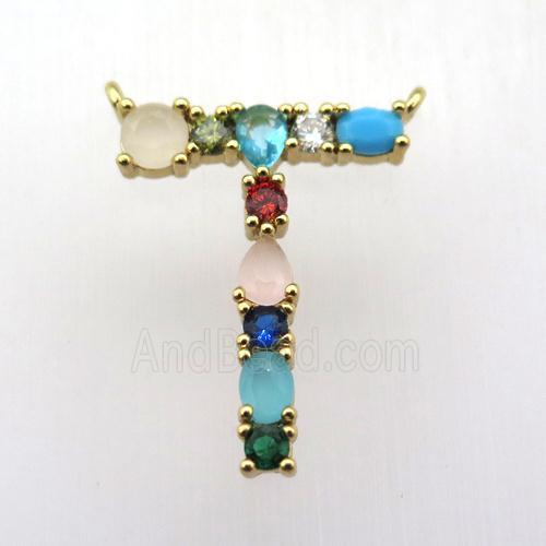 copper T-letter pendant paved zircon with 2loops, gold plated