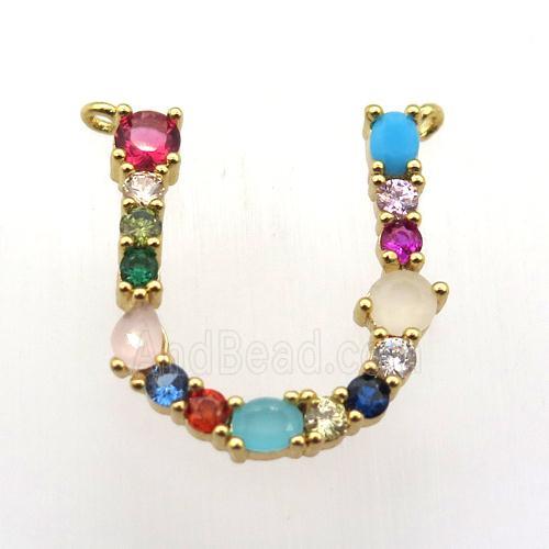 copper U-letter pendant paved zircon with 2loops, gold plated