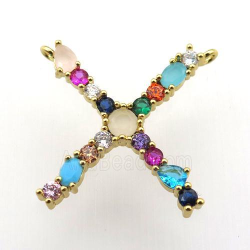copper X-letter pendant paved zircon with 2loops, gold plated