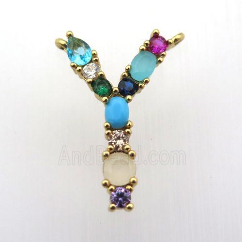 copper Y-letter pendant paved zircon with 2loops, gold plated