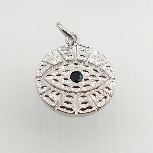 copper circle pendant paved zircon, eye, platinum plated