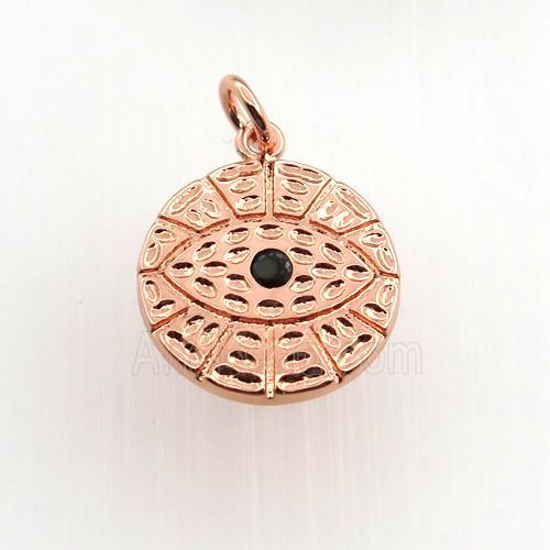 copper circle pendant paved zircon, eye, rose gold