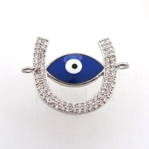 copper U-connector paved zircon with evil eye, platinum plated