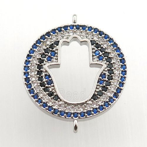 copper hamsahand connector paved zircon, platinum plated