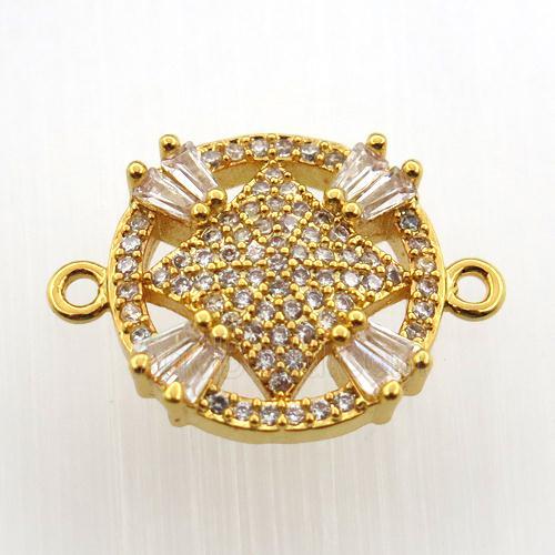 copper connector paved zircon, circle, gold plated