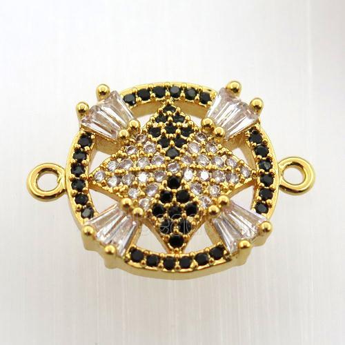 copper connector paved zircon, circle, gold plated