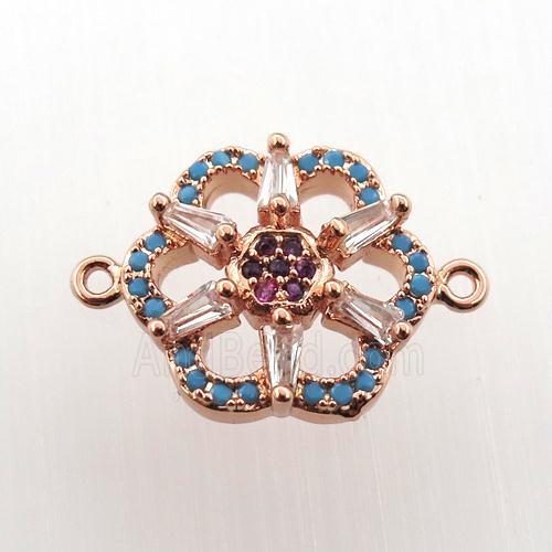copper connector paved zircon, flower, rose gold