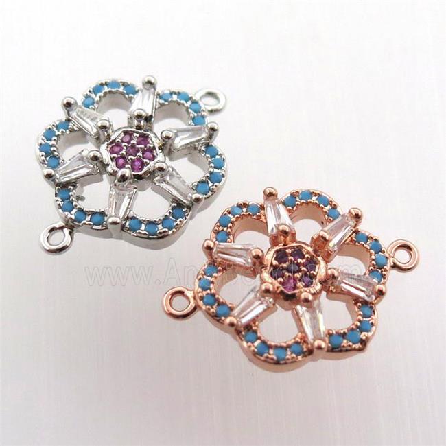 copper connector paved zircon, flower, mix color