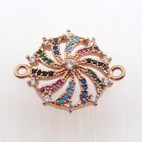 copper circle connector paved zircon, millwheel, rose gold