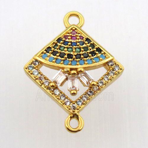 copper connector paved zircon, square, gold plated