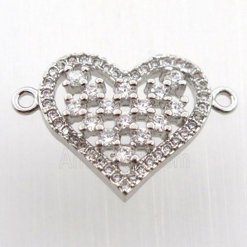 copper heart connector paved zircon, platinum plated