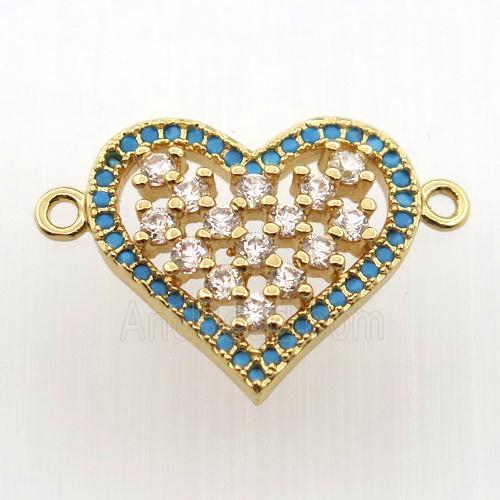 copper heart connector paved zircon, gold plated