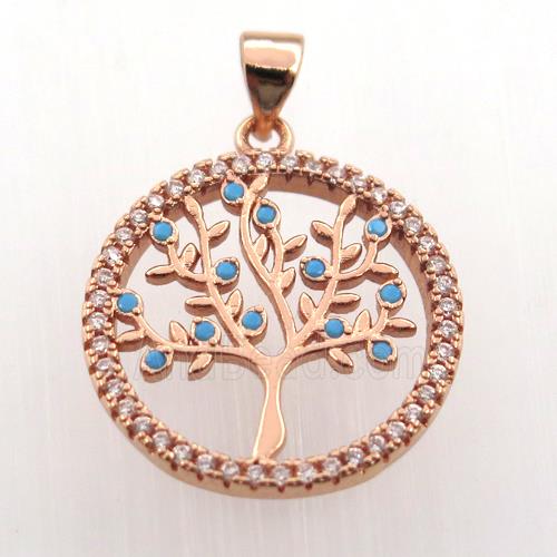 copper pendant paved zircon, tree of life, rose gold
