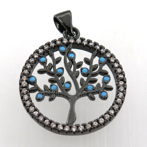 copper pendant paved zircon, tree of life, black plated