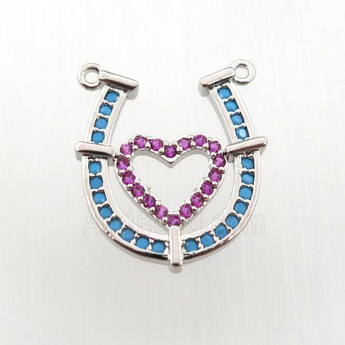 copper pendant paved zircon, heart-U, platinum plated
