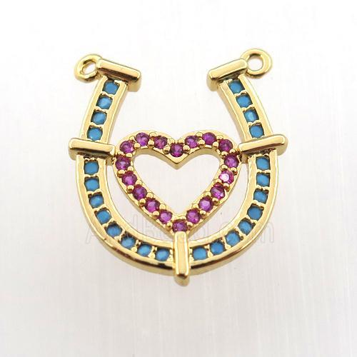 copper pendant paved zircon with 2loops, heart-U, gold plated