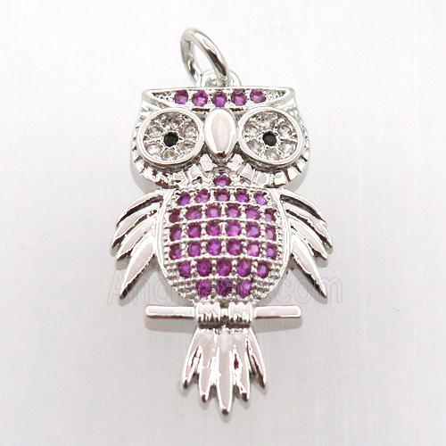 copper owl pendant paved zircon, platinum plated