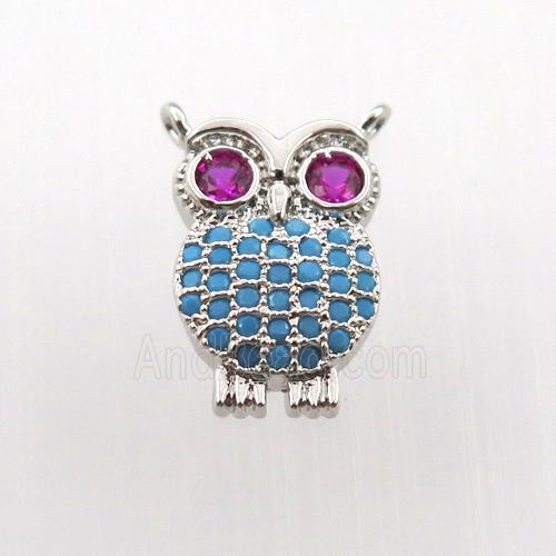 copper owl pendant paved zircon, platinum plated