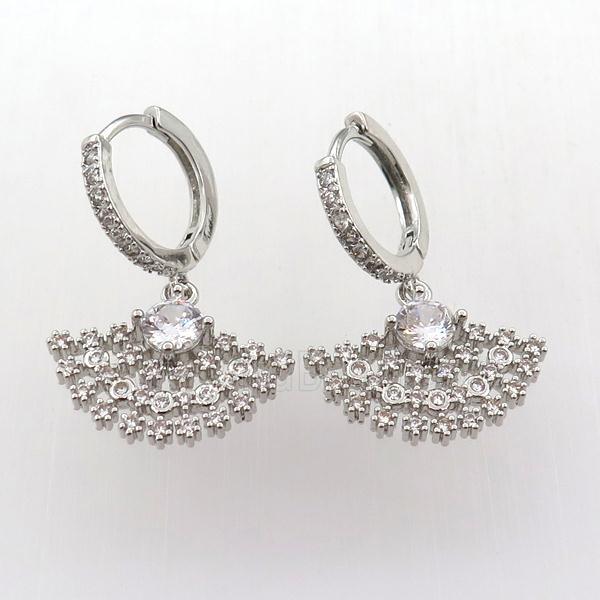 copper hoop earring pave zircon with fan, platinum plated