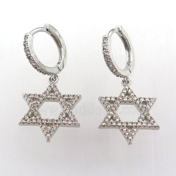 copper hoop earring pave zircon with davidstar, platinum plated