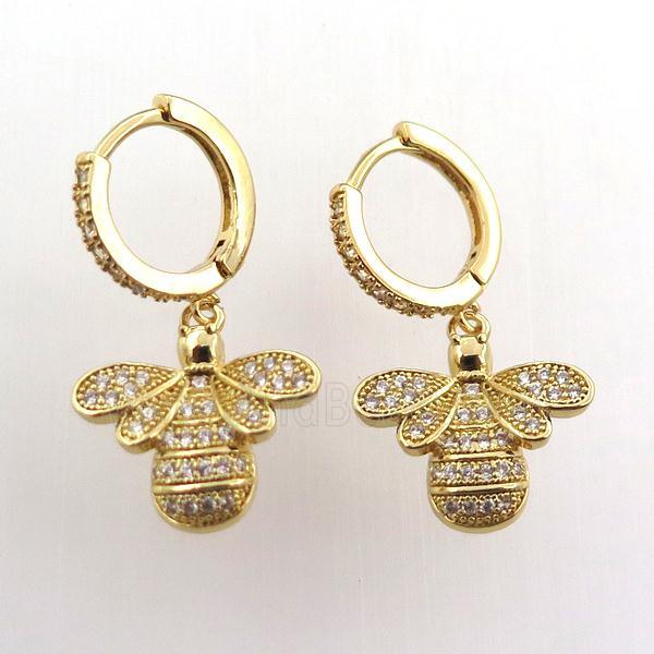 copper hoop earring pave zircon with honeybee, gold plated