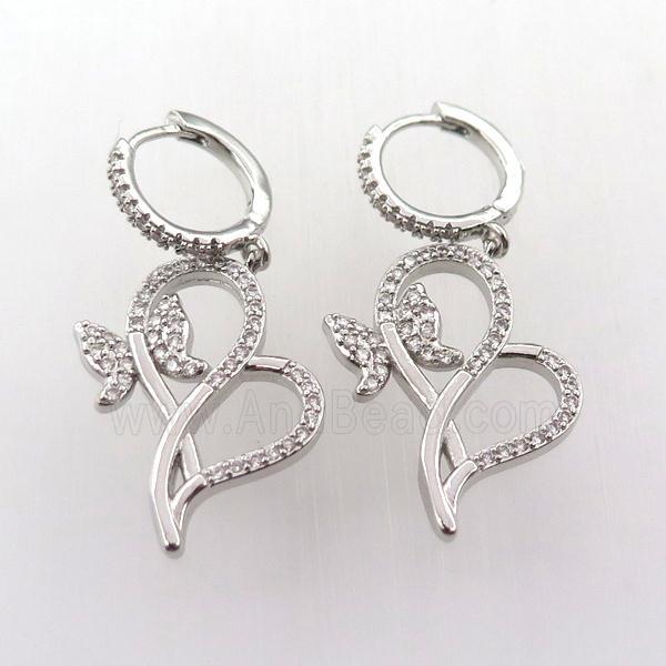 copper hoop earring pave zircon with butterfly, platinum plated