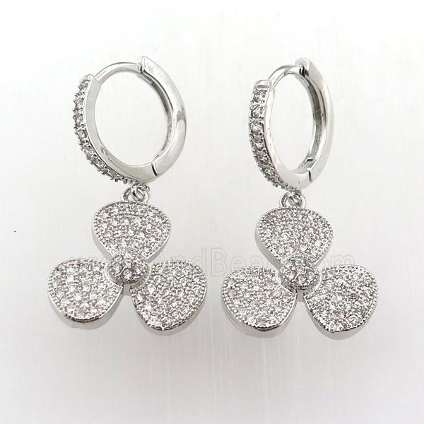 copper hoop earring pave zircon with clover, platinum plated