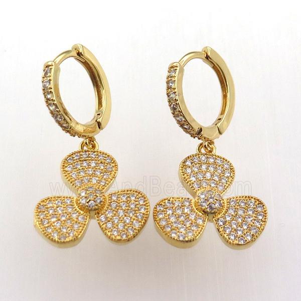 copper hoop earring pave zircon with clover, gold plated