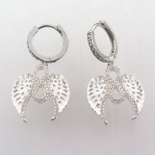 copper hoop earring pave zircon with angelwing, platinum plated