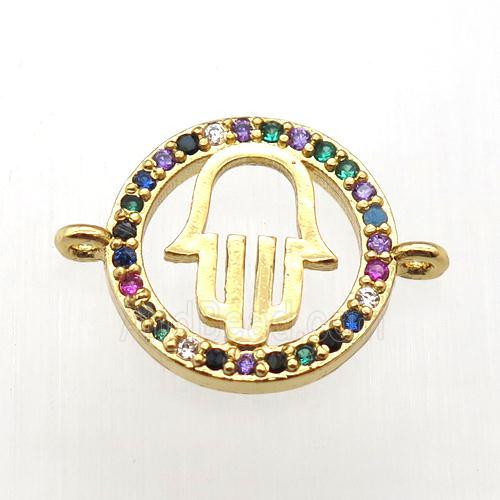 copper circle hamsahand connector pave zircon, gold plated