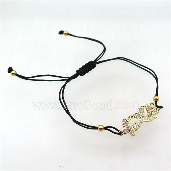 resizable nylon wire bracelet with butterfly pave zircon, gold plated