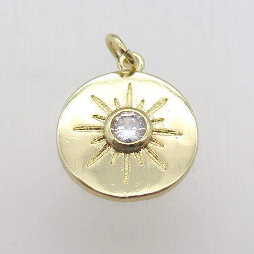 copper circle pendant paved zircon, eye, gold plated
