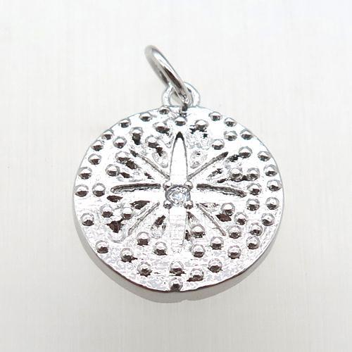 copper circle pendant paved zircon, platinum plated