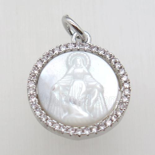 copper circle pendant paved zircon, shell Jesus, platinum plated