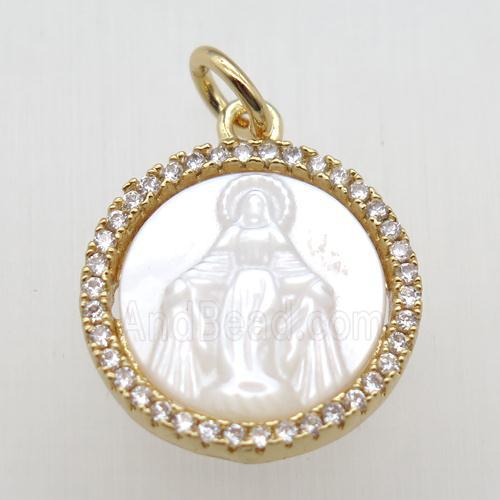 copper circle pendant paved zircon, shell Jesus, gold plated