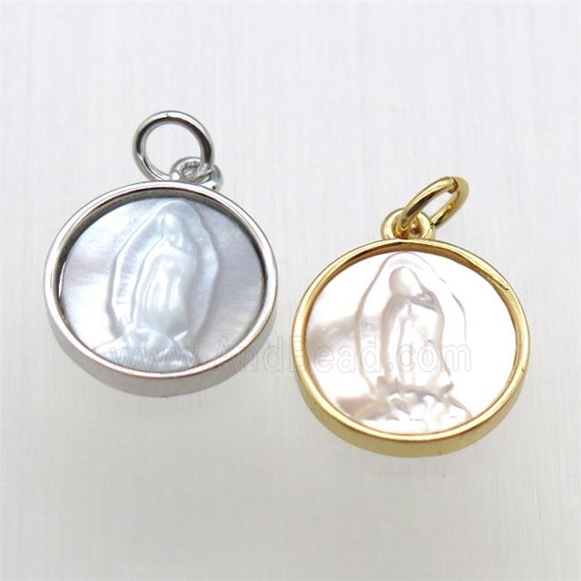 copper circle pendant with shell jesus, mixed color