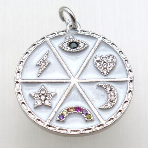 copper circle pendant paved zircon, platinum plated