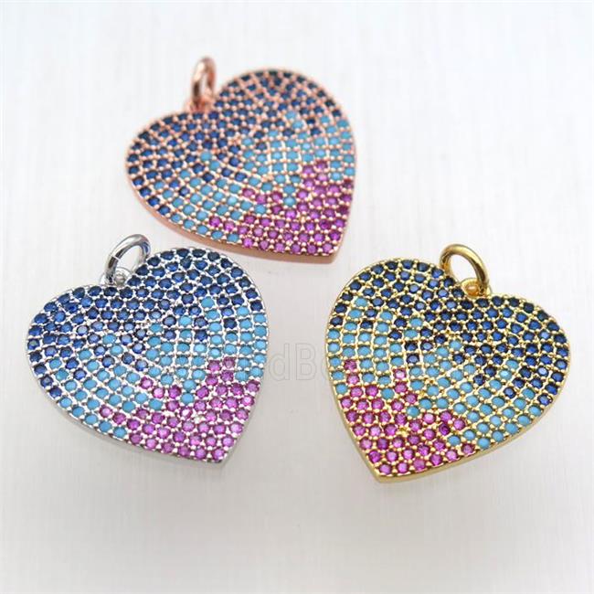 copper heart pendant paved zircon, mixed color