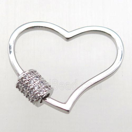 copper heart carabiner lock pendant paved zircon, platinum plated