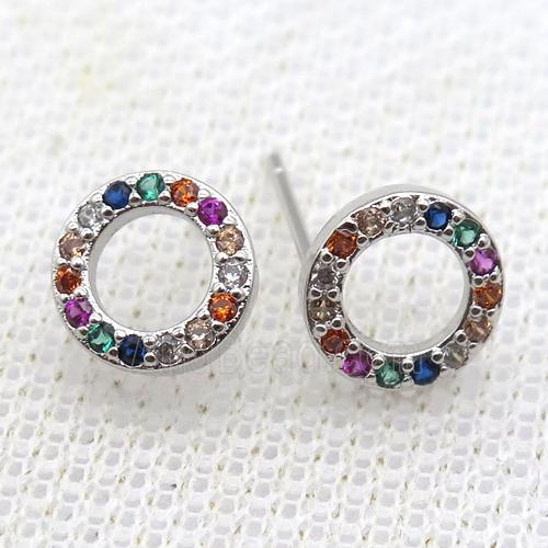 copper studs earring paved zircon, circle, platinum plated