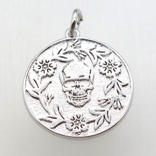 copper circle pendant, skull, platinum plated