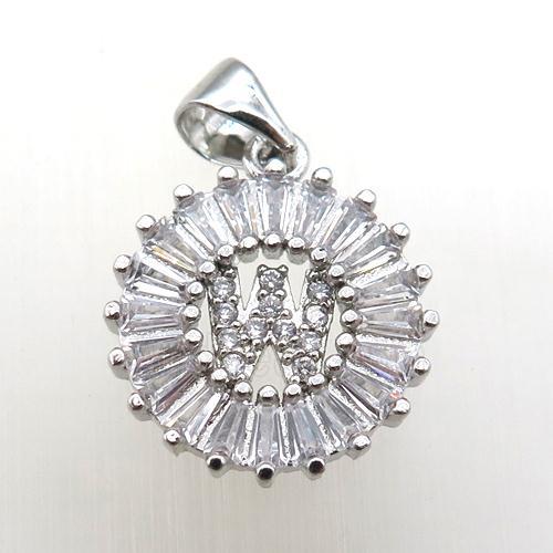 copper letter-W pendant paved zircon, platinum plated
