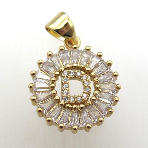 copper letter-D pendant paved zircon, gold plated